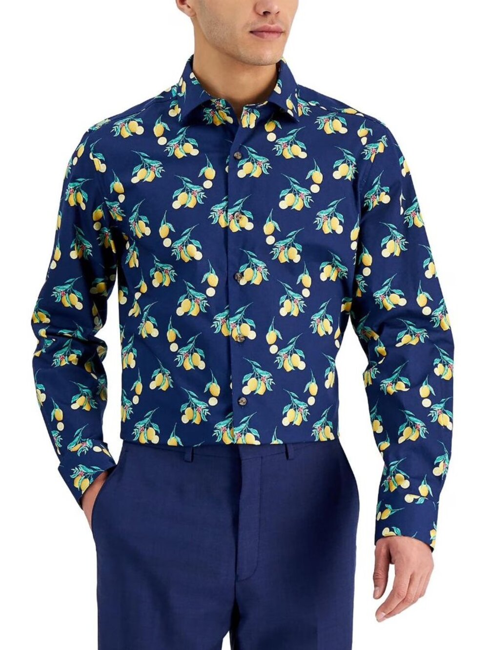 Bar III Lemon Cotton Slim Fit Button-Down Shirt Blue Yellow Size 16/16.5 $65